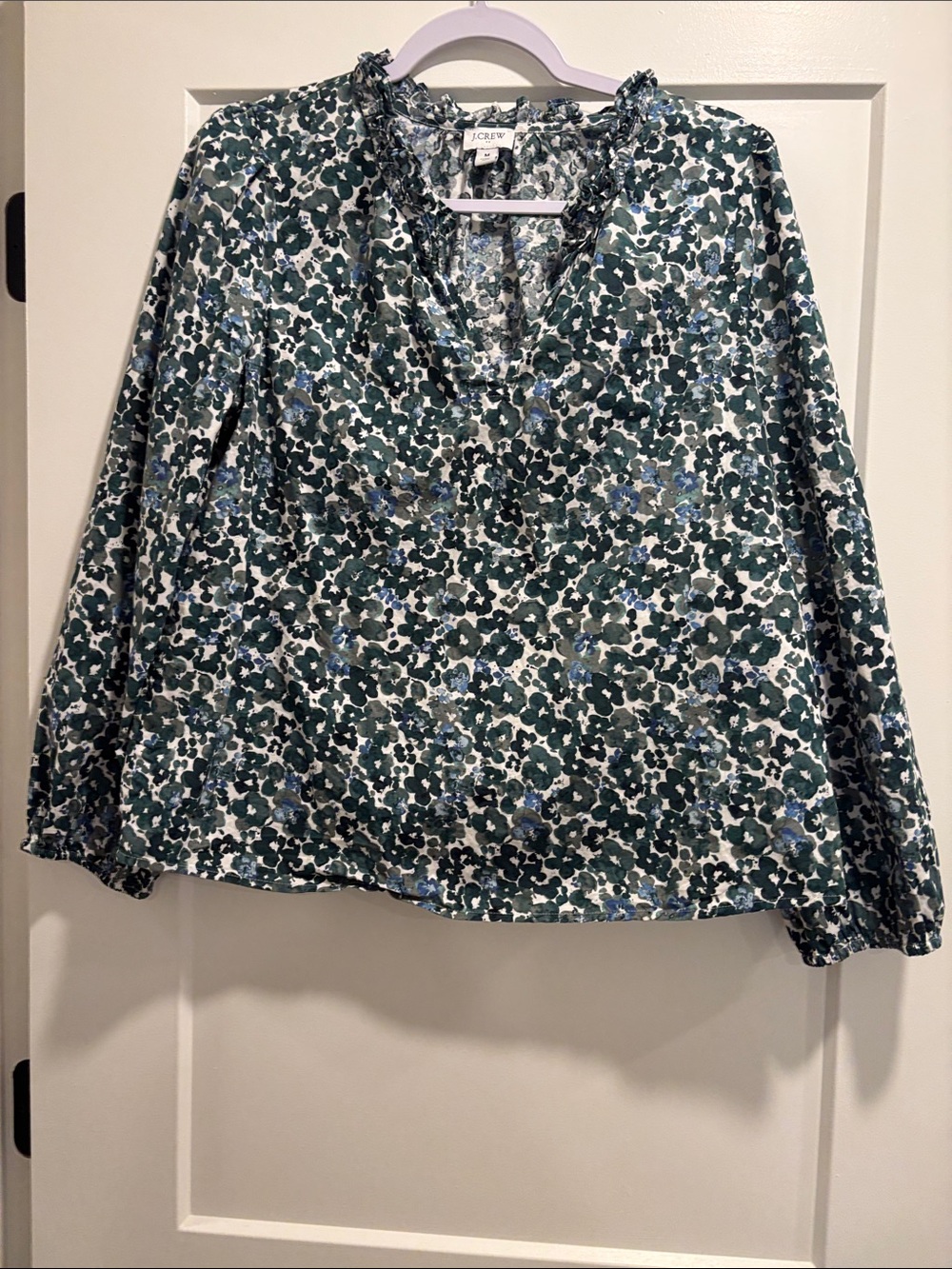 J. Crew Factory Green and Blue Floral Ruffle V-Neck Blouse